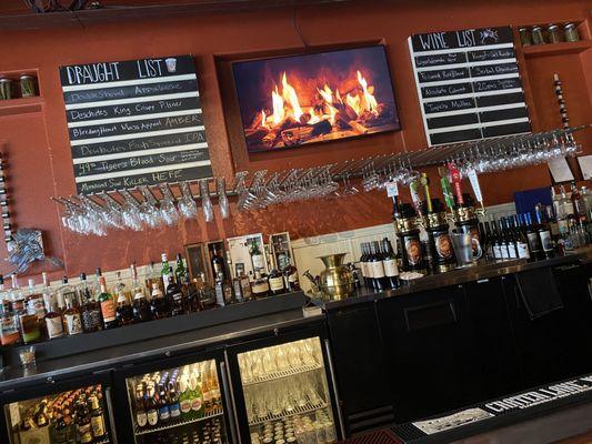 The bar and "fireplace."