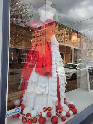 Window display - holiday dress made of womens sanitary napkins!