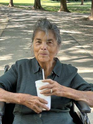 My Mom, Cleopatra, is enjoying her strawberry shake while I push her in a wheelchair throughout the park.The wheelchair was PERFECT!