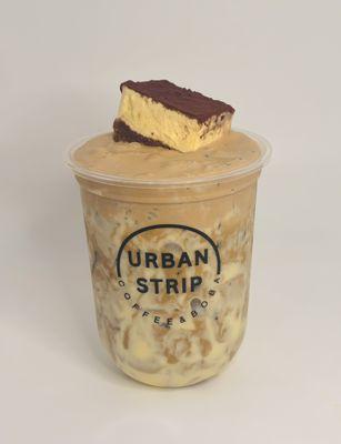 Saigon Coffee with Creme Brulee and Tiramisu foam topped with tiramisu cake