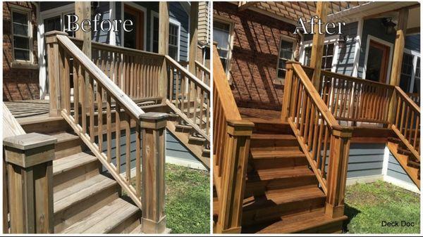 Wooden porch before and after power washing and sealing in Barrington