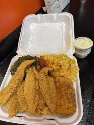 Fish Dinner with Mac and cheese and collard greens