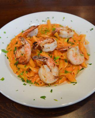 Spicy Penne alla Vodka with Grilled Shrimp