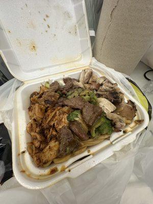 Combo 3 with noodles, beef broccoli, teriyaki chicken, spicy chicken