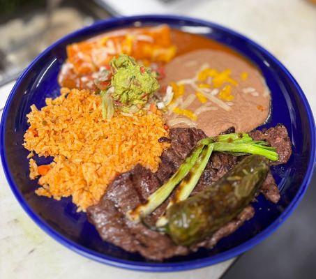 Carne Asada plate with enchiladas