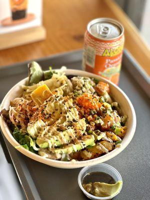 Hawaiian Ahi, spicy ahi, japanese scallops, shrimp, wasabi soy sauce, and sliced avocados with a delicious Aloha Orange Passion juice