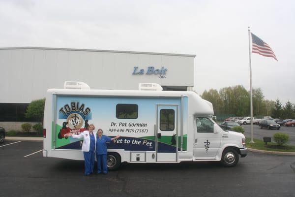 Dr. Gorman and her tech., Phyllis, picking up their custom built mobile clinic from the manufacturer. (May 2, 2016)