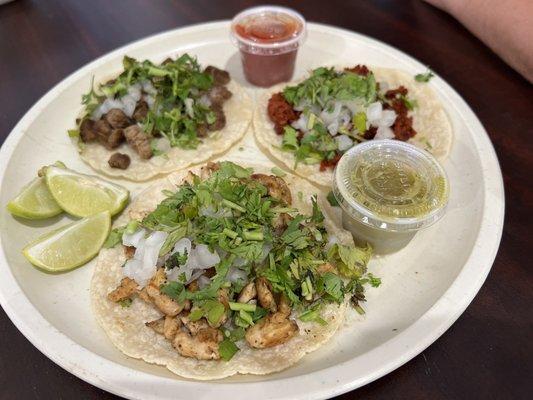 Tacos- chicken, carne asada, and chorizo