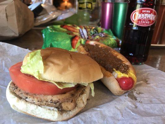 Regular grilled chicken sandwich and one hot dog all the way (don't be scared of the red weenie)