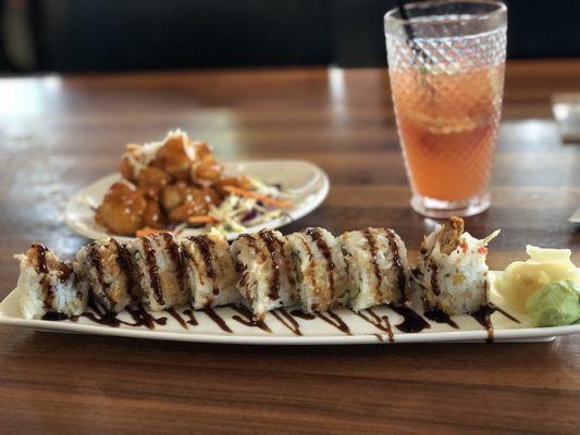 Shrimp Tempura Roll, Dynamite Shrimp and Strawberry Cucumber Limeade