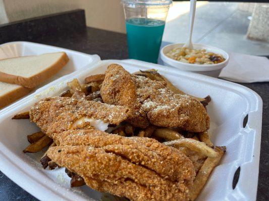 Fried catfish, homemade fries and macaroni and cheese. Their drinks are amazing!!!