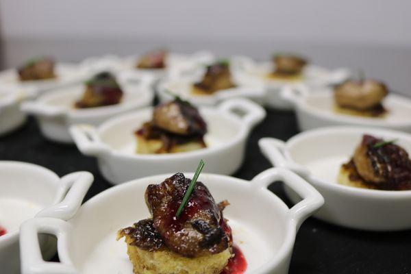 Pan Seared Foie Gras - Brioche Crostini - Caramelized Shallot Jam - Blackberry Pernod Reduction - Chive