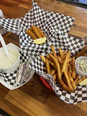 Lunch on a rainy day. Calamari, Clam Chowder, and Cod. Served hot and fresh.