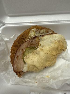 Crispy Cuban sandwich with deep fried pork cutlet, ham, pickles, mustard. Fantastic meat.