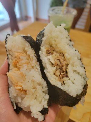 salmon onigiri and beef onigiri