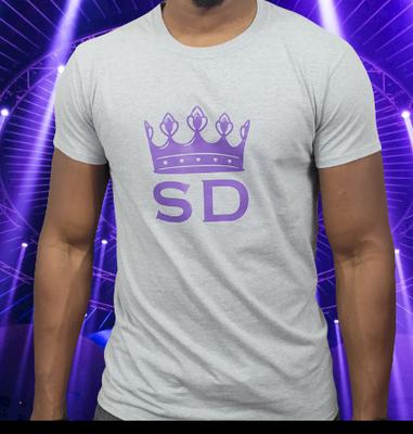 Grey Crew Neck T-Shirt with Purple Print