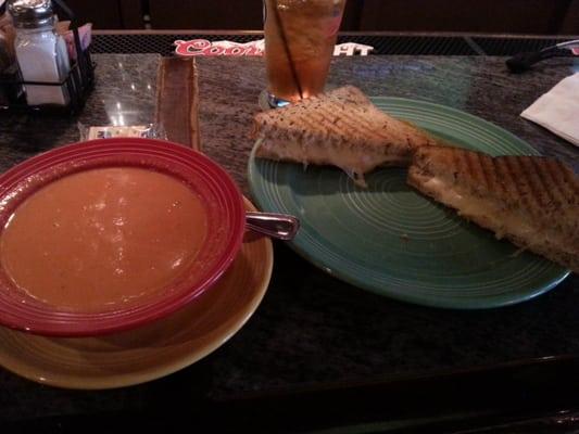 Roasted red pepper soup and pepper jack grilled cheese sandwich.