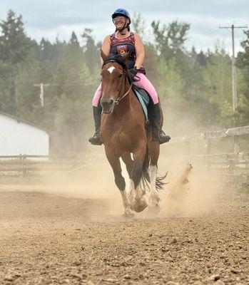 Me gaining confidence to canter on my lesson horse