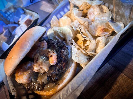 Etoufee Burger (3 shrimp) with a side of kettle cooked ZAPPS chips