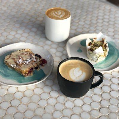 Berry ripple milk pie, ham quiche, vanilla latte, and caramel latte