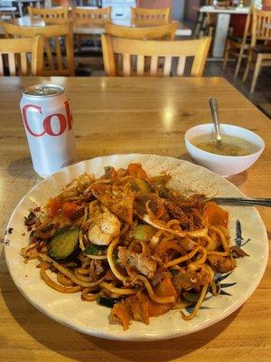 Noodles with veggies and meat of your choice.