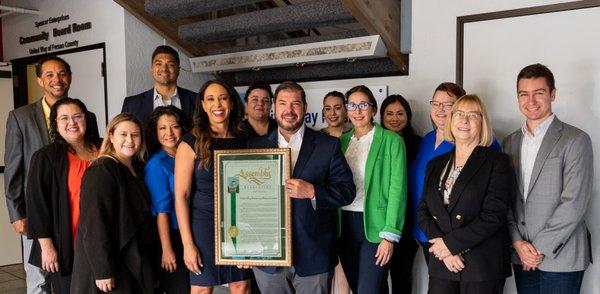 Our staff accepting the proclamation for our award as 2022 Nonprofit of the year from
Assemblymember Dr. Joaquin Arambula.