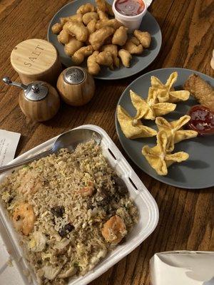 Coco's Special Fried Rice, crab rangoon, sweet and sour chicken
