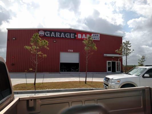 Outside at the front of the Garage Bar and Grill