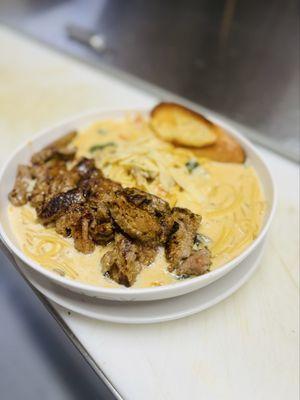 Lemon cream pasta with steak