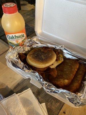 Bacon egg and cheese with hash browns and oj