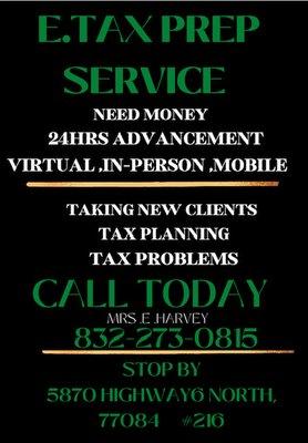 TAX SEASON!!!
CALL TODAY
832-273-0815
APPOINTMENTS AVAILABLE