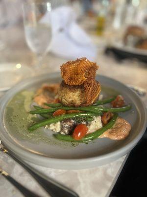 Special of the day: Crab cake on a bed of  risotto with red pepper remoulade and fresh green beans.