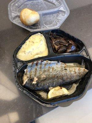 Rainbow Trout with mashed potatoes and sweet/sour Japanese eggplant