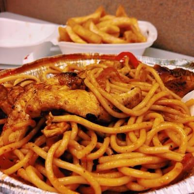 Chicken pasta with french fries