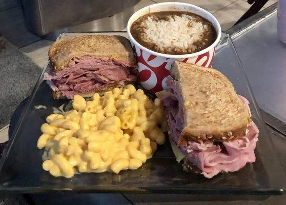 Pastrami/Corn Beef sandwich, Seafood Gumbo and Mac 'n Cheese.
