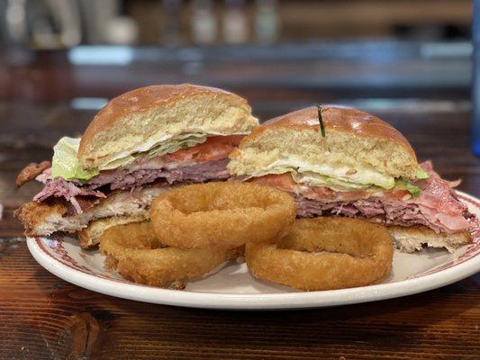 Malibu Chicken Sandwich with onion rings
