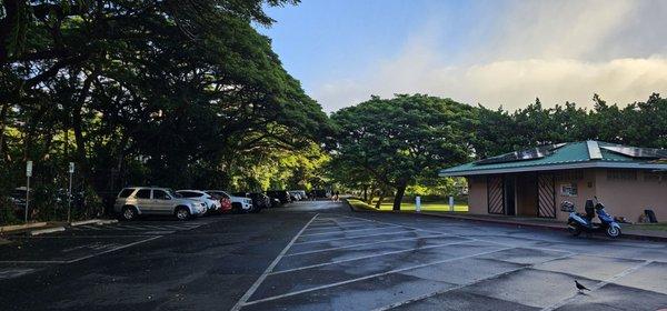 Parking lot and public restrooms at the start of the boardwalk.
