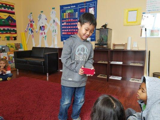Each day student lead the morning circle in TK/K, first in English then in Spanish.