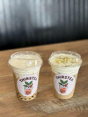 Vietnamese coffee with salted foam and boba. Coffee milk tea with pistachio foam.