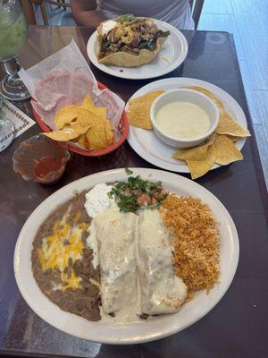 Burrito and taco salad. More meat than lettuce!