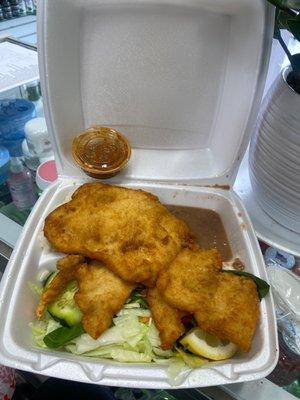 Pechuga Empanisada, con una porción de ensalada fresca, arroz y frijoles. Y una salsa roja muy rica y picosita.