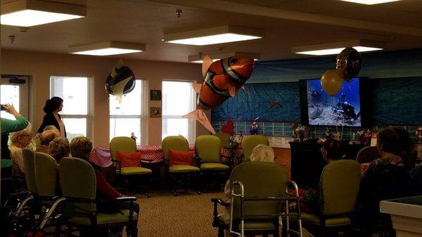 On a tour of assisted living we found residents having a great time! They had ordered remote control balloon fish & raced them to cheer on!