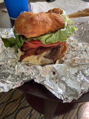 Bacon cheeseburger on fry bread