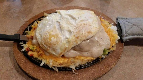 Country fried steak skillet. Big and tasty.