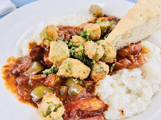 Charleston Sauté- aka Shrimp & grits with fried okra. Yummy!!