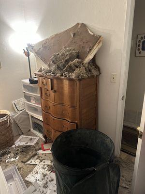 After Irish heating and air installed a hvac system on my roof incorrectly the Sheetrock in the bedroom came crashing down