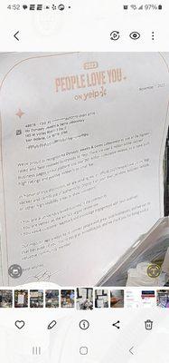 A 2023 "People Love You on Yelp" letter Mr. Ha received for his business' positive impact on the community.