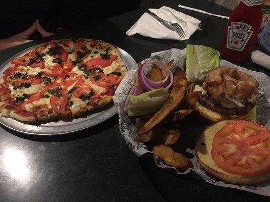 Caprese flatbread and black and tan burger - large portions.