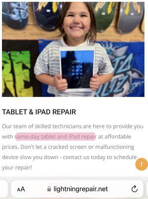 A child that I do not know posing with my iPad and the "repair" was no where near "same day"