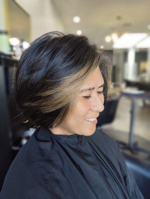 Short bob haircut or long pixie? Blonde money piece added for contrast and some fun!